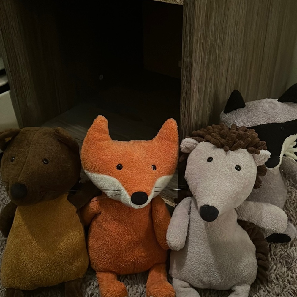 4 Jellycat plush. Fox, hedgehog, squirrel, raccoons - forest stuffed animals.